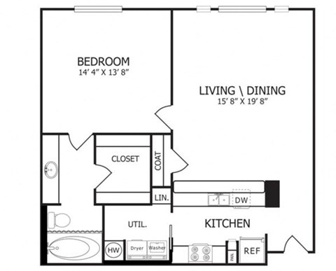 Floor plan for 1 bed, 1 bath, 840 sqft